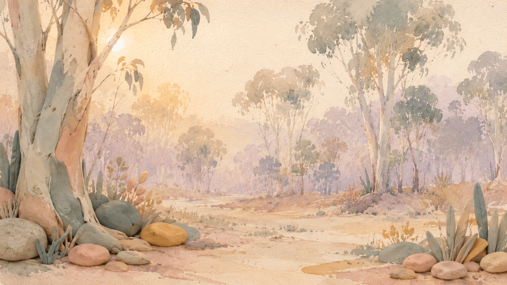 Painterly, semi-abstract misty Australian eucalypt forest at soft morning light.