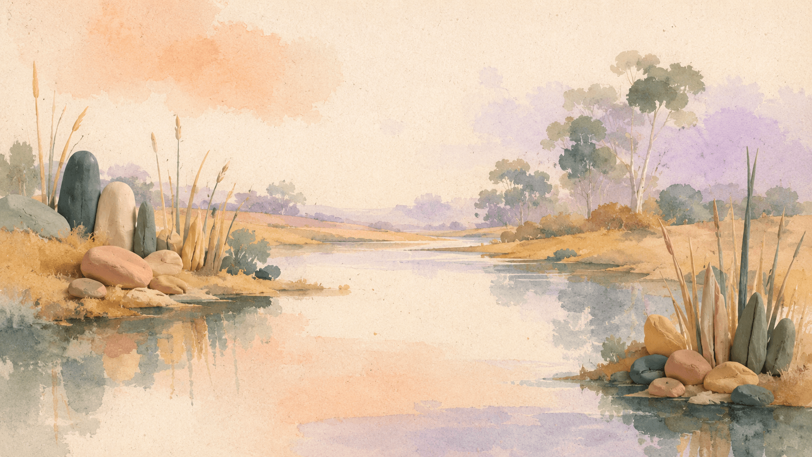 Painterly, semi-abstract Australian wetland river bend — soft reed banks and still water.